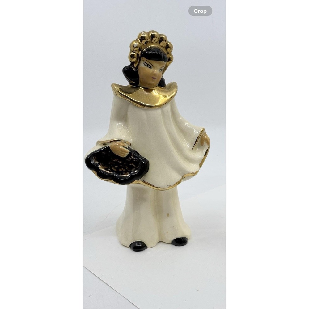 MID CENTURY FLORENCE CERAMICS ASIAN GIRL FIGURINE WHITE BLACK GOLD Read*